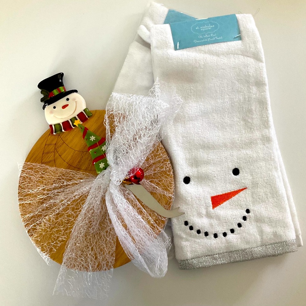 Snowman Cheese Plate and Spreader | Two Snowman Handtowels | Christmas Gift NWT